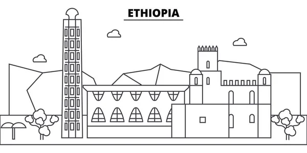 Etiopien arkitekturen skyline byggnader, siluett, disposition landskap, sevärdheter. Redigerbara stroke. Urban skyline illustration. Platt design vektor, linje koncept — Stock vektor