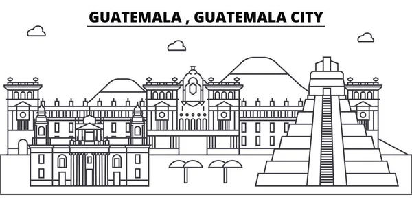 Guatemala, Ciudad de Guatemala arquitectura edificios skyline, silueta, contorno paisaje, monumentos. Golpes editables. Ilustración del skyline urbano. Diseño plano vector, concepto de línea — Vector de stock