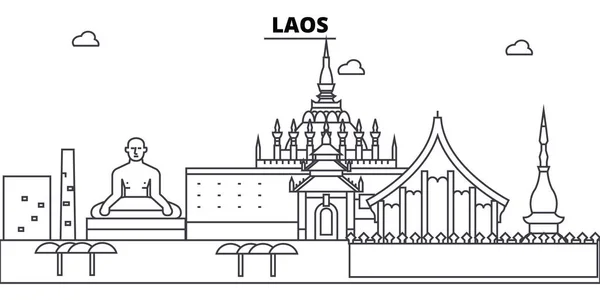 Laos edificios skyline arquitectura, silueta, contorno paisaje, monumentos. Golpes editables. Ilustración del skyline urbano. Diseño plano vector, concepto de línea — Archivo Imágenes Vectoriales