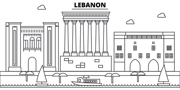 Здания ливанской архитектуры, силуэт, очертания пейзажа, достопримечательности. Редактируемые штрихи. Иллюстрация городского горизонта. Вектор плоской конструкции, концепция линии — стоковый вектор