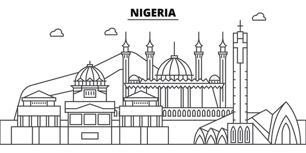 Nigeria edificios skyline arquitectura, silueta, contorno paisaje, monumentos. Golpes editables. Ilustración del skyline urbano. Diseño plano vector, concepto de línea — Vector de stock