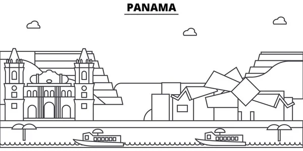 Panamá arquitectura edificios skyline, silueta, contorno paisaje, monumentos. Golpes editables. Ilustración del skyline urbano. Diseño plano vector, concepto de línea — Vector de stock