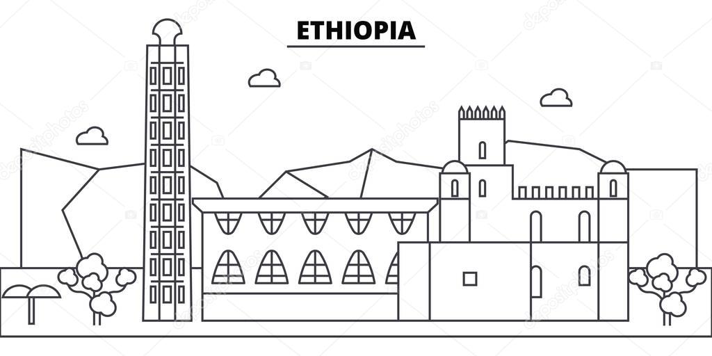 Ethiopia architecture skyline buildings, silhouette, outline landscape, landmarks. Editable strokes. Urban skyline illustration. Flat design vector, line concept