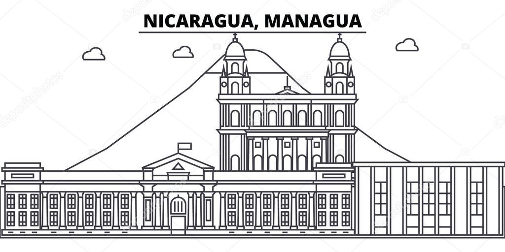 Nicaragua, Managua architecture skyline buildings, silhouette, outline landscape, landmarks. Editable strokes. Urban skyline illustration. Flat design vector, line concept