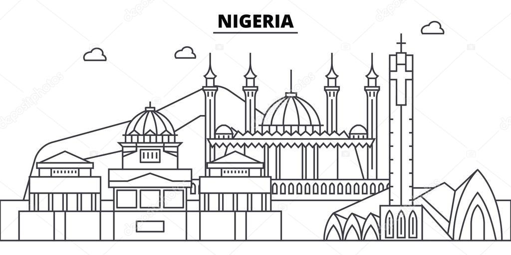 Nigeria architecture skyline buildings, silhouette, outline landscape, landmarks. Editable strokes. Urban skyline illustration. Flat design vector, line concept