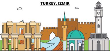Türkiye, Izmir anahat manzarası, Türk düz ince çizgi simgeler, simge, illüstrasyonlar. Türkiye, Izmir cityscape, Türk seyahat şehir vektör banner. Kentsel silueti