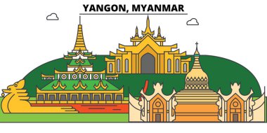 Yangon, Myanmar anahat manzarası, Birmanya düz ince çizgi simgeler, yerler, Resimler. Yangon, Myanmar cityscape, Birmanya vektör şehir afiş seyahat. Kentsel silueti