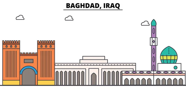 Bagdade, Iraque delinear skyline, árabe ícones linha fina plana, marcos, ilustrações. Bagdade, paisagem urbana do Iraque, bandeira do vetor da cidade de viagem árabe. Sílhueta urbana — Vetor de Stock