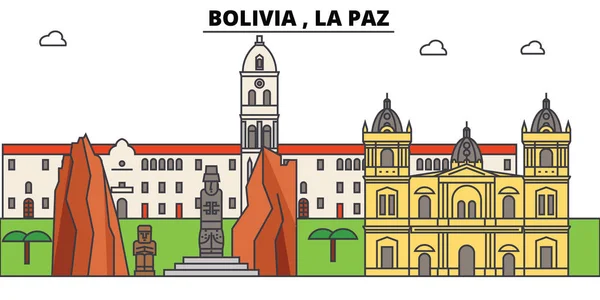 Bolivia, La Paz contorno skyline, boliviano plano delgada línea iconos, puntos de referencia, ilustraciones. Bolivia, paisaje urbano de La Paz, bandera vectorial boliviana. Silueta urbana — Vector de stock
