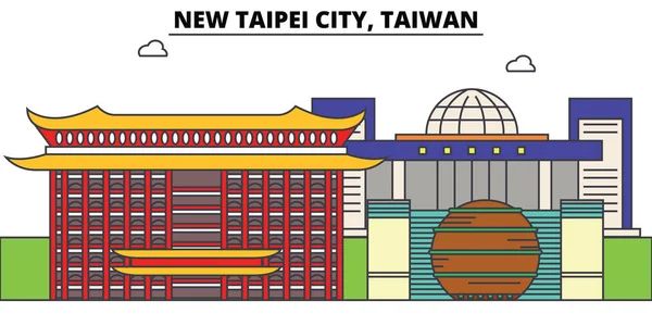 新しい台湾台北市概要スカイライン、台湾の薄いフラット ライン アイコン、ランドマーク、イラスト。新しい台湾台北市の都市景観、都市ベクトル旗の台湾人旅行します。都市シルエット — ストックベクタ