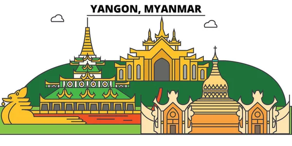 Янгон, Мьянма, бирманская плоская тонкая линия горизонта, достопримечательности, иллюзии. Янгон, городской пейзаж Мьянмы, бирманский векторный флаг. Городской силуэт — стоковый вектор