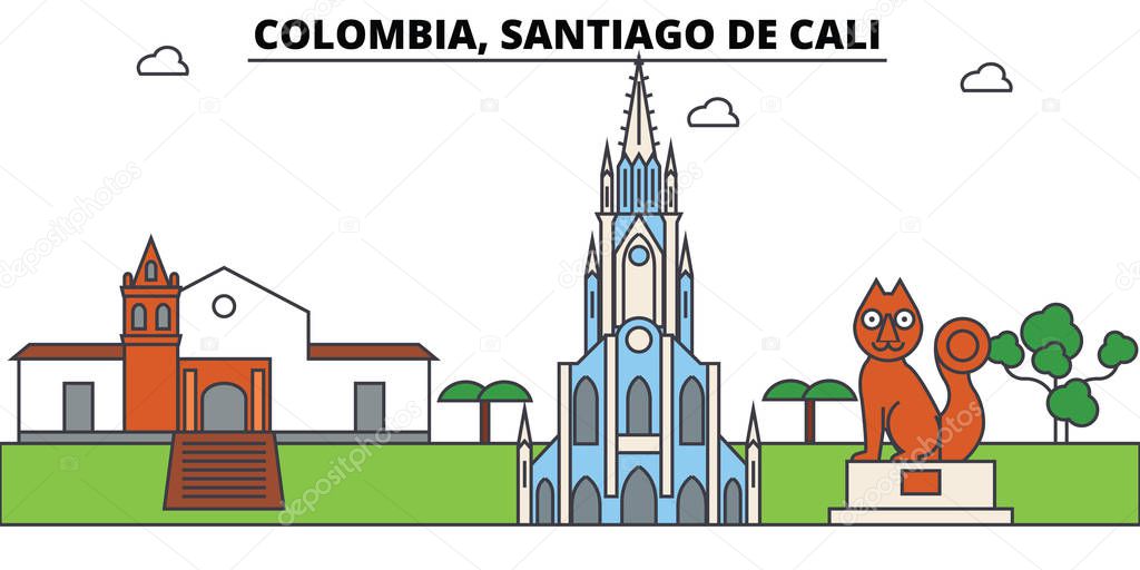 Colombia, Santiago De Cali outline skyline, columbian flat thin line icons, landmarks, illustrations. Colombia, Santiago De Cali cityscape, columbian travel city vector banner. Urban silhouette