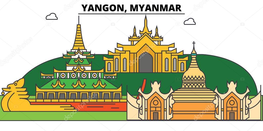 Yangon, Myanmar outline skyline, Burmese flat thin line icons, landmarks, illustrations. Yangon, Myanmar cityscape, Burmese vector travel city banner. Urban silhouette