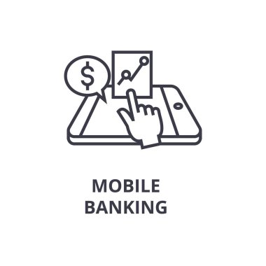 mobil bankacılık satır simgesi, anahat işareti, doğrusal sembolü, vektör, düz illüstrasyon