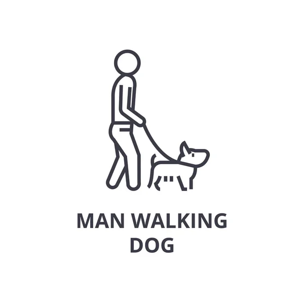 Homme promenant chien ligne icône, contour signe, symbole linéaire, vecteur, illustration plate — Image vectorielle