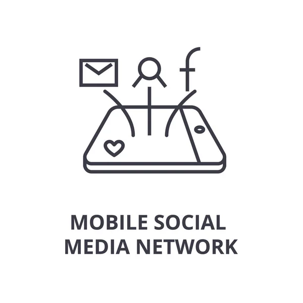 Mobilní sociální mediální sítě, ikona čáry, osnovy znamení, lineární symbolu, vektor, plochý obrázek — Stockový vektor