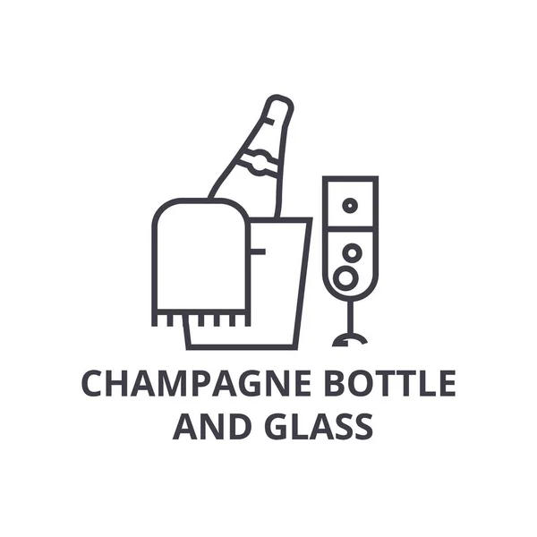 Botella de champán e icono de línea de vidrio, signo de contorno, símbolo lineal, vector, ilustración plana — Vector de stock