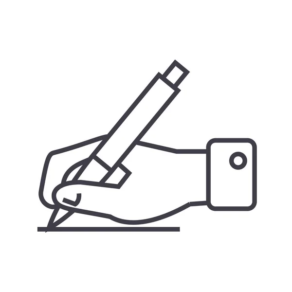 Schriftzeichen, Hand mit Federvektorzeilensymbol, Zeichen, Illustration auf Hintergrund, editierbare Striche — Stockvektor