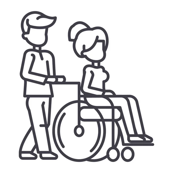 Jeune homme flânant avec une jeune femme en fauteuil roulant, soins infirmiers pour les personnes handicapées icône de la ligne vectorielle, signe, illustration sur fond, touches modifiables — Image vectorielle