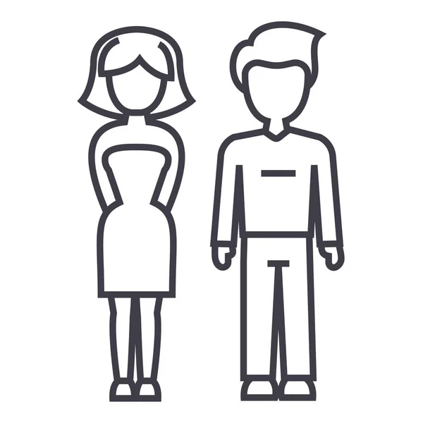 Jovem casal bem sucedido, ícone de linha vetorial homem e mulher, sinal, ilustração em segundo plano, traços editáveis — Vetor de Stock
