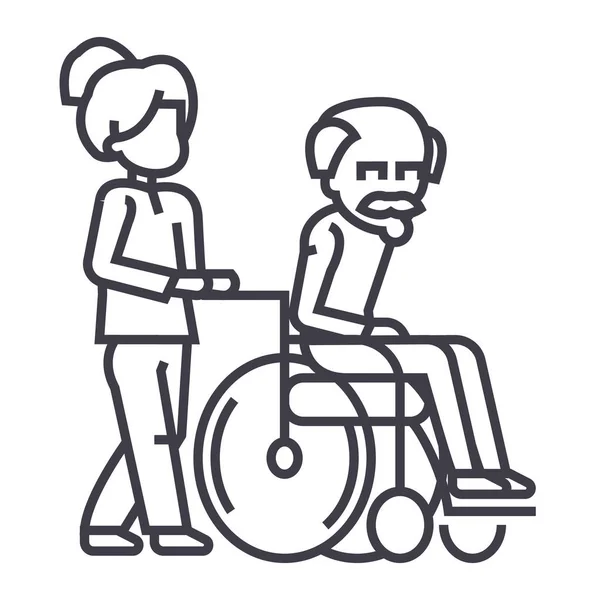 Genç kadın, sosyal hizmetli, yaşlı adam tekerlekli sandalye vektör satırı simgesi, işaret, resimde arka planda, düzenlenebilir darbeleri ile gezinme — Stok Vektör