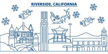 ABD, Kaliforniya, Riverside kış şehir manzarası. Neşeli Noel ve mutlu yeni yıl afiş dekore edilmiştir. Kış kar ve Noel Baba tebrik kartı. Düz çizgi vektör. Doğrusal christmas illüstrasyon