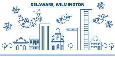 ABD, Delaware, Wilmington kış şehir manzarası. Neşeli Noel ve mutlu yeni yıl afiş dekore edilmiştir. Kış kar ve Noel Baba tebrik kartı. Düz çizgi vektör. Doğrusal christmas illüstrasyon