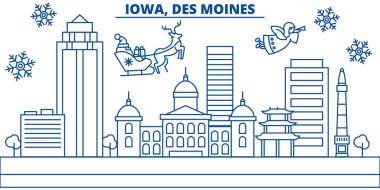 ABD, Iowa, Des Moines şehir manzarası kış. Neşeli Noel ve mutlu yeni yıl afiş dekore edilmiştir. Kış kar ve Noel Baba tebrik kartı. Düz çizgi vektör. Doğrusal christmas illüstrasyon