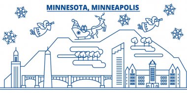 ABD, Minnesota, Minneapolis kış şehir manzarası. Neşeli Noel ve mutlu yeni yıl afiş dekore edilmiştir. Kış kar ve Noel Baba tebrik kartı. Düz çizgi vektör. Doğrusal christmas illüstrasyon