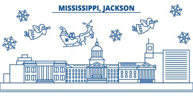 ABD, Mississippi, Jackson kış şehir manzarası. Neşeli Noel ve mutlu yeni yıl afiş dekore edilmiştir. Kış kar ve Noel Baba tebrik kartı. Düz çizgi vektör. Doğrusal christmas illüstrasyon