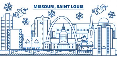 ABD, Missouri, Saint Louis kış şehir manzarası. Neşeli Noel ve mutlu yeni yıl afiş dekore edilmiştir. Kış kar ve Noel Baba tebrik kartı. Düz çizgi vektör. Doğrusal christmas illüstrasyon