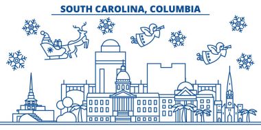 ABD, Güney Carolina, Columbia kış şehir manzarası. Neşeli Noel ve mutlu yeni yıl afiş dekore edilmiştir. Kış kar ve Santa Claus.Flat, çizgi vektör tebrik kartı. Doğrusal christmas illüstrasyon