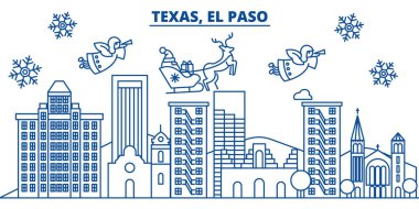 ABD, Teksas, El Paso kış şehir manzarası. Neşeli Noel ve mutlu yeni yıl afiş dekore edilmiştir. Kış kar ve Noel Baba tebrik kartı. Düz çizgi vektör. Doğrusal christmas illüstrasyon