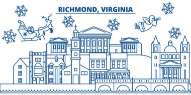 ABD, Virginia, Richmond kış şehir manzarası. Neşeli Noel ve mutlu yeni yıl afiş dekore edilmiştir. Kış kar ve Noel Baba tebrik kartı. Düz çizgi vektör. Doğrusal christmas illüstrasyon
