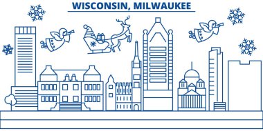 ABD, Wisconsin, Milwaukee şehir kış şehir manzarası. Neşeli Noel ve mutlu yeni yıl afiş dekore edilmiştir. Kış kar ve Santa Claus.Flat, çizgi vektör tebrik kartı. Doğrusal christmas illüstrasyon
