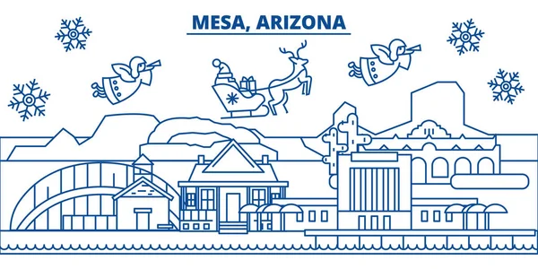 USA, Arizona, Mesa winter city skyline. Merry Christmas and Happy New Year decorated banner. Winter greeting card with snow and Santa Claus. Flat, line vector. Linear christmas illustration — Stock Vector