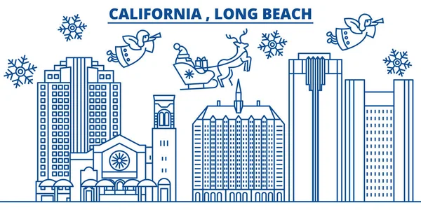 États-Unis, Californie, Long Beach horizon de la ville d'hiver. Joyeux Noël et bonne année décorée bannière. Carte de voeux d'hiver avec neige et Père Noël. Vecteur plat et linéaire. Illustration linéaire de Noël — Image vectorielle