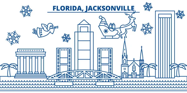 EUA, Flórida, Jacksonville skyline da cidade de inverno. Feliz Natal e Feliz Ano Novo decorado banner. cartão de saudação de inverno com neve e Papai Noel. Vetor plano e linear. Ilustração linear do Natal — Vetor de Stock