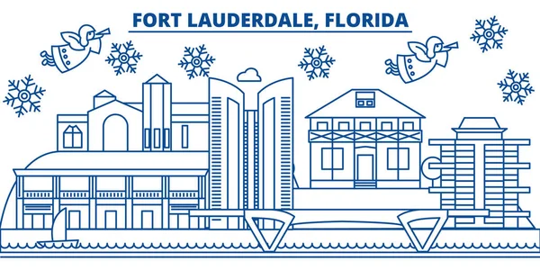 EUA, Flórida, Fort Lauderdale horizonte da cidade de inverno. Feliz Natal e Feliz Ano Novo decorado banner. cartão de saudação de inverno com neve e Papai Noel. Vetor plano e linear. Ilustração linear do Natal —  Vetores de Stock