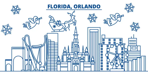 USA, Florida, Orlando skyline città invernale. Buon Natale e felice anno nuovo banner decorato. Biglietto d'auguri invernale con neve e Babbo Natale. Vettore di linea piatto. Illustrazione lineare di Natale — Vettoriale Stock