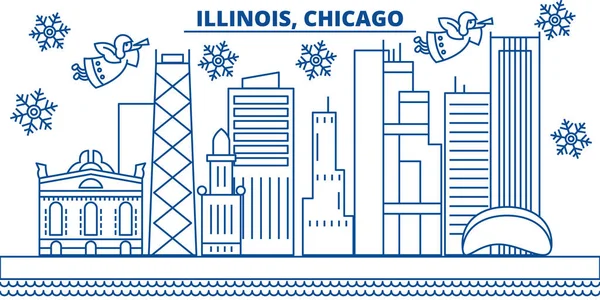 EE.UU., Illinois, Chicago horizonte de la ciudad de invierno. Feliz Navidad y Feliz Año Nuevo decorado banner. Tarjeta de felicitación de invierno con nieve y Santa Claus. Plano, vector de línea. Ilustración lineal de Navidad — Archivo Imágenes Vectoriales