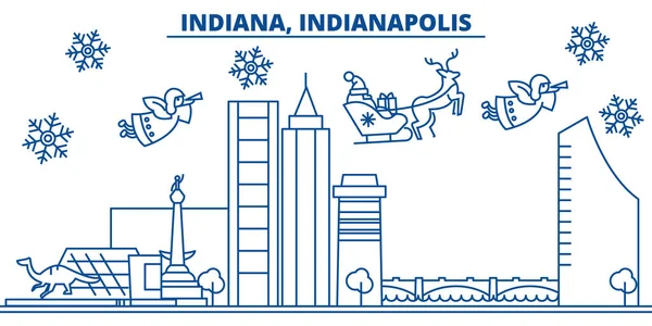 USA, Indiana, Indianapolis vintern stadssilhuetten. God jul och gott nytt år dekorerad banner. Vinter gratulationskort med snö och jultomten. Platt, linje vektor. Linjär jul illustration — Stock vektor