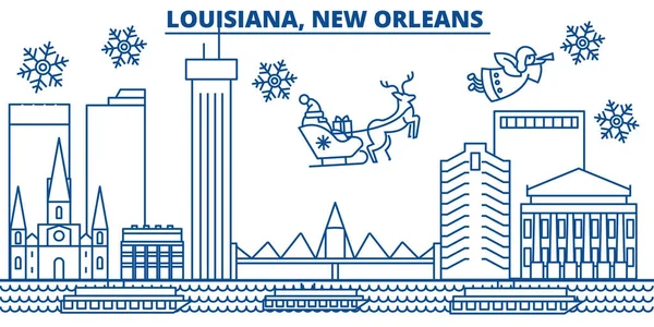 USA, Louisiana, New Orleans skyline città invernale. Buon Natale e felice anno nuovo banner decorato. Biglietto d'auguri invernale con neve e Babbo Natale. Vettore di linea piatto. Illustrazione lineare di Natale — Vettoriale Stock