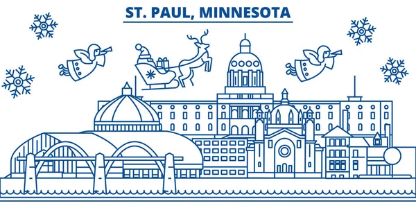 USA, Minnesota, St. Paul winter city skyline. Merry Christmas and Happy New Year decorated banner. Winter greeting card with snow and Santa Claus. Flat, line vector. Linear christmas illustration — Stock Vector