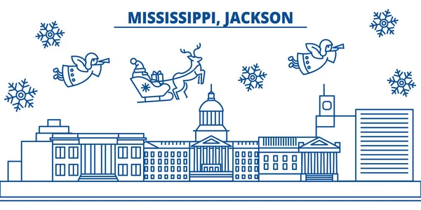 USA, Mississippi, Jackson vintern stadssilhuetten. God jul och gott nytt år dekorerad banner. Vinter gratulationskort med snö och jultomten. Platt, linje vektor. Linjär jul illustration — Stock vektor