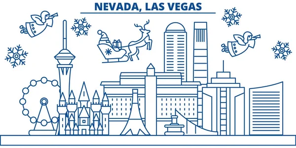 VS, Nevada, Las Vegas winter de skyline van de stad. Prettige kerstdagen en gelukkig Nieuwjaar ingericht banner. De kaart van de groet van het winter met sneeuw en de Kerstman. Vlakke, lijn vector. Lineaire Kerstmis illustratie — Stockvector