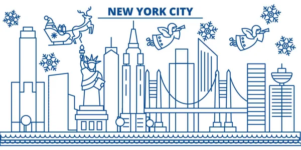 USA, New York , New York City winter city skyline. Merry Christmas and Happy New Year decorated banner. Winter greeting card with snow and Santa Claus. Flat, line vector. Linear christmas illustration — Stock Vector