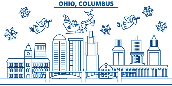 USA, Ohio, Columbus vintern stadssilhuetten. God jul och gott nytt år dekorerad banner. Vinter gratulationskort med snö och jultomten. Platt, linje vektor. Linjär jul illustration — Stock vektor
