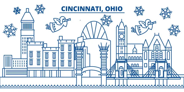 USA, Ohio, Cincinnati vintern stadssilhuetten. God jul och gott nytt år dekorerad banner. Vinter gratulationskort med snö och jultomten. Platt, linje vektor. Linjär jul illustration — Stock vektor