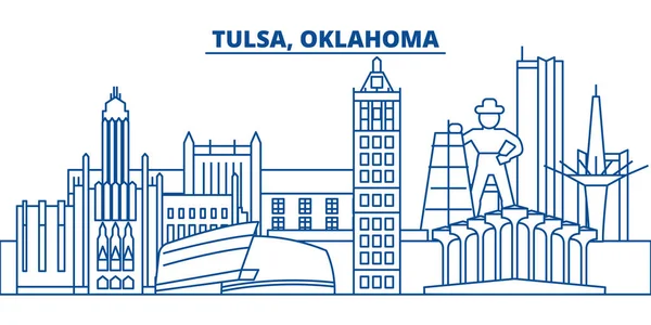 EE.UU., Oklahoma, Tulsa horizonte de la ciudad de invierno. Feliz Navidad y Feliz Año Nuevo decorado banner. Tarjeta de felicitación de invierno con nieve y Santa Claus. Plano, vector de línea. Ilustración lineal de Navidad — Vector de stock